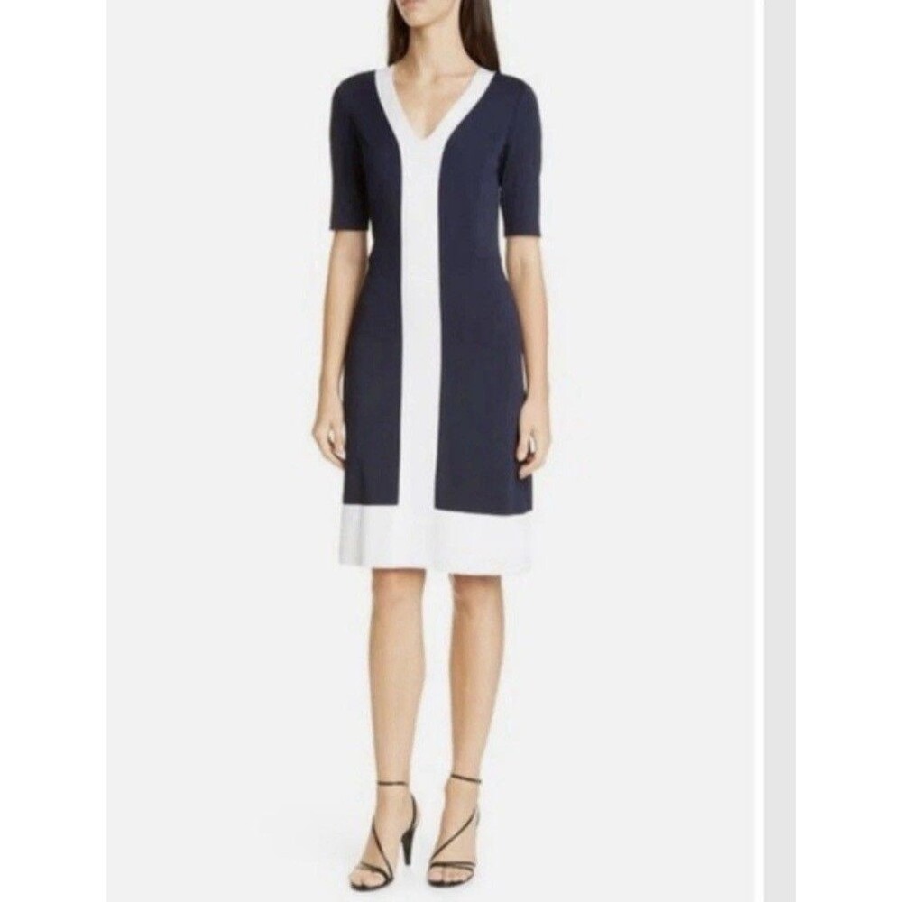 St. John Colorblock Milano Knit Dress Navy Blue With White L Size 8 NWT